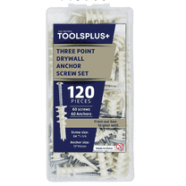 TOOLPLUS 120-Piece Drywall Anchors and Screws Set – Heavy Duty Wall Anchor Kit for Drywall, Includes 60 Plastic Anchors & 60 Screws, Three-Point Self-Drilling Design
