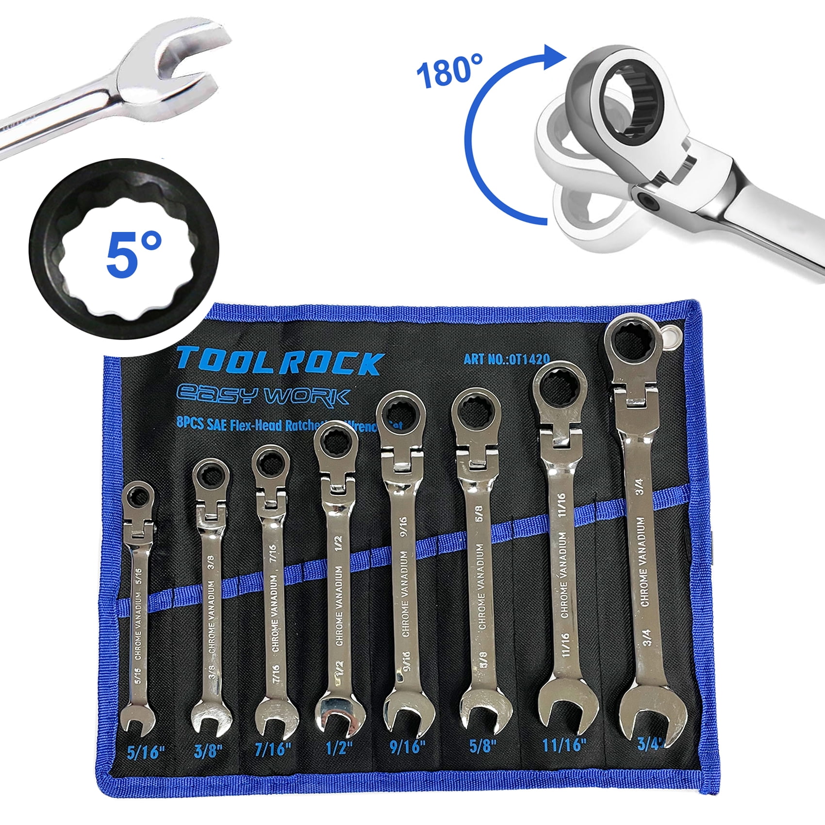 TOOLROCK Flex Head Ratchet Wrench Set 8pcs SAE Ratcheting Combination Wrenches Spanners