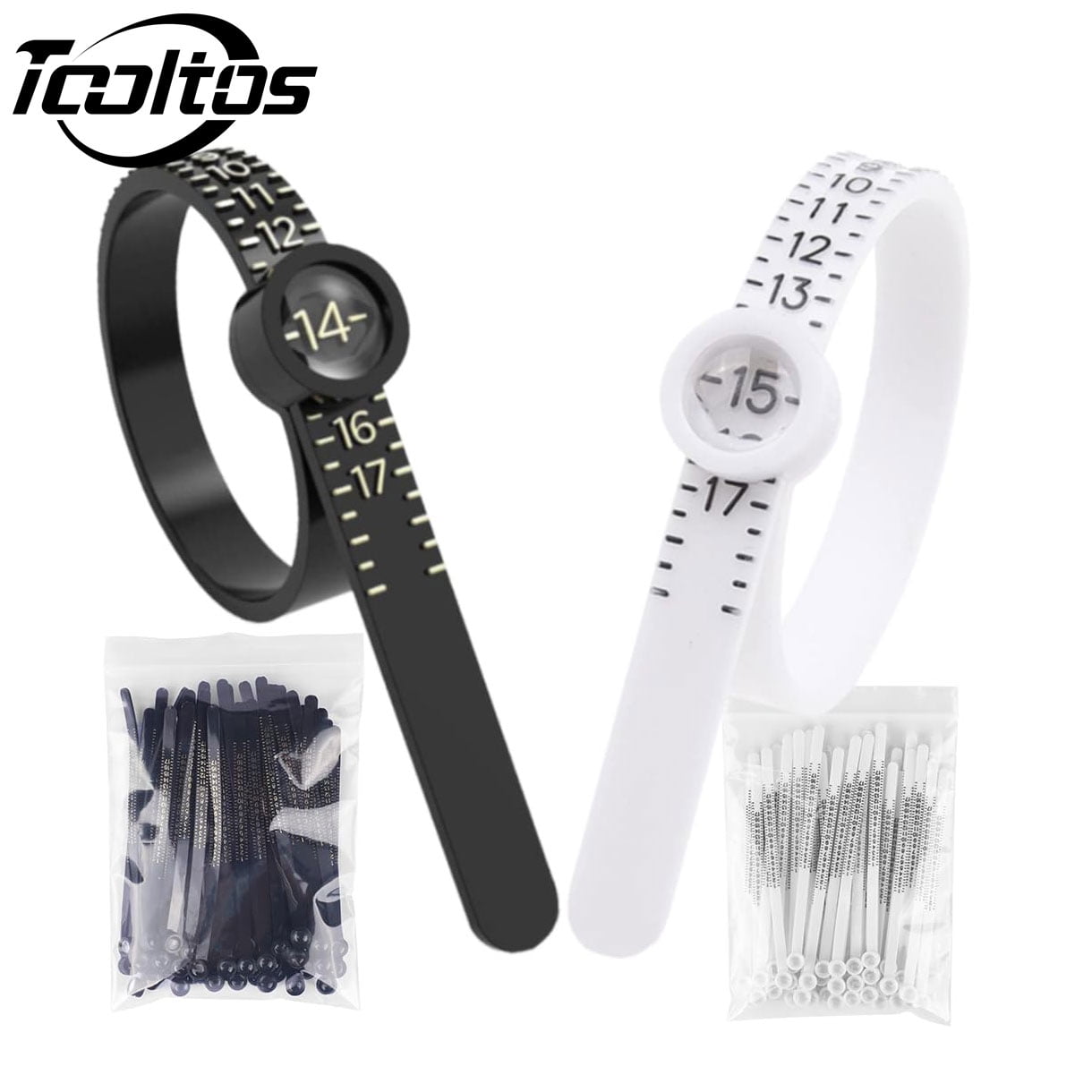 TOOLTOS 100-Pack Upgraded Ring Sizer Measuring Set Reusable Finger Size Gauge Tool with Magnifying Glass, Jewelry Sizing Kit for US Ring Sizes 1 to 17 (White & Black)