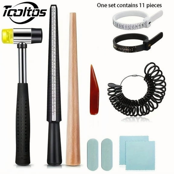 TOOLTOS 11 Pcs Ring Sizer Mandrel Set US & UK Sizes 1-13 (Including Half Sizes), Jewelry Mandrel Tool Kit with Rubber Hammer, Polishing Cloth & Stick, Agate Burnisher for Ring Making & Sizing