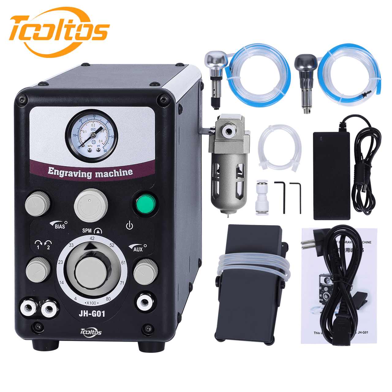 TOOLTOS Pneumatic Jewelry Engraver Machine Dual-Head 400-8000 RPM for Metal Crafting,with Long & Short Engraving Tools, 110V.