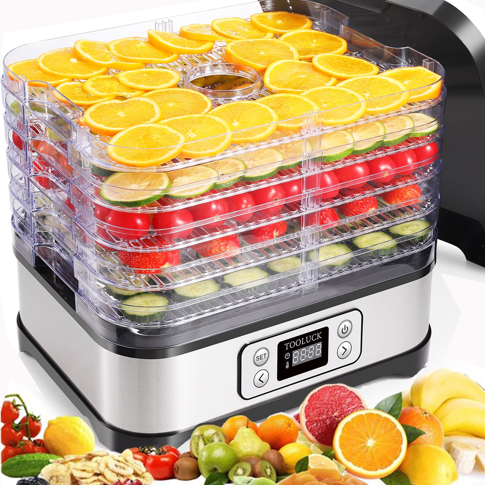 Electric Machine,250W Power,Timer and Temperature Settings, 5 Drying Trays, Stainless Steel, BPA Free - Perfect for Jerky, Herbs, Fruits, Vegetables - Walmart.com