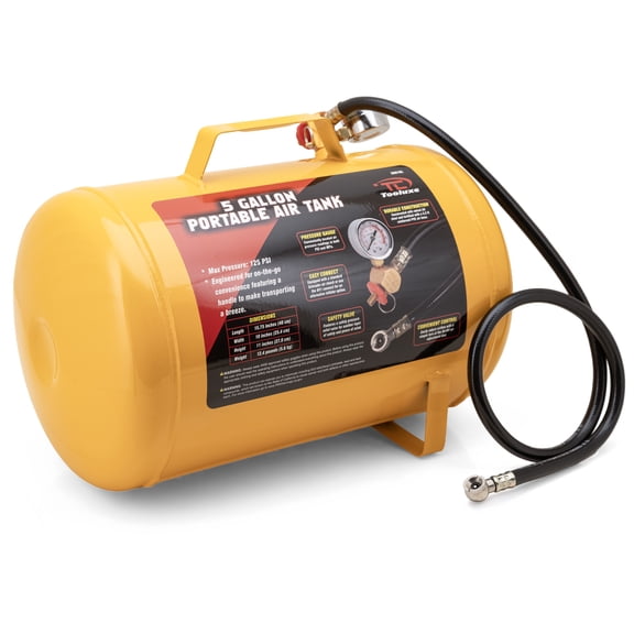 TOOLUXE 30010L 5 Gallon Air Tank, Portable Air Tank, 125 PSI Maximum Pressure, Horizontal Air Compressor Tank, 1/4" NPT 40 Inch Industrial Hose & Chuck, 140 PSI Safety Valve