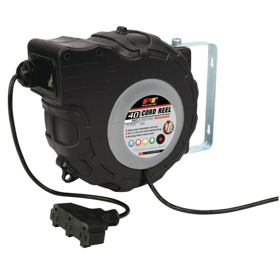 Performance Tool W2278 40ft 12-Gauge Retractable Power Cord Reel with Spring Loaded Auto-Rewind