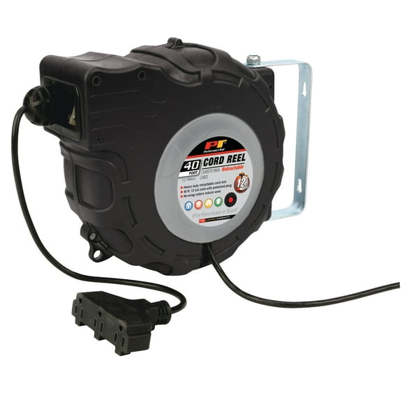 Performance Tool W2278 40ft 12-Gauge Retractable Power Cord Reel with Spring Loaded Auto-Rewind