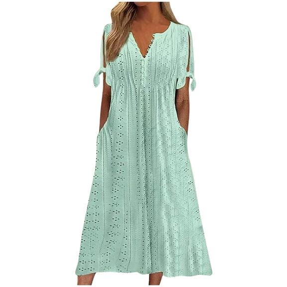 TOOPOOT Dresses for Women 2025 Plus Size Long Dresses Casual Boho Short Sleeve Eyelet Dress Fashion Button V-Neck Dress Formal Beach Dresses