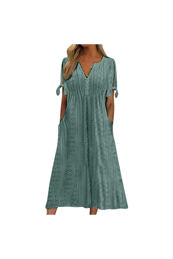 TOOPOOT Summer Dresses for Women 2025 Vacation Plus Size Maxi Dresses Casual Boho Short Sleeve Eyelet Dress Trendy Button V-Neck Dress Flowy Midi Dresses