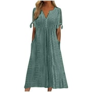 HOGLEAQL TOOPOOT Summer Dresses for Women 2025 Plus Size Maxi Dresses Casual Boho Short Sleeve Eyelet Dress Fashion Button V-Neck Dresses Formal Work Dresses