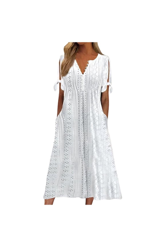 TOOPOOT Sun Dresses for Women 2025 Vacation Plus Size Maxi Dresses Casual Boho Short Sleeve Eyelet Dress Party Button V-Neck Sundresses Formal Church Dresses