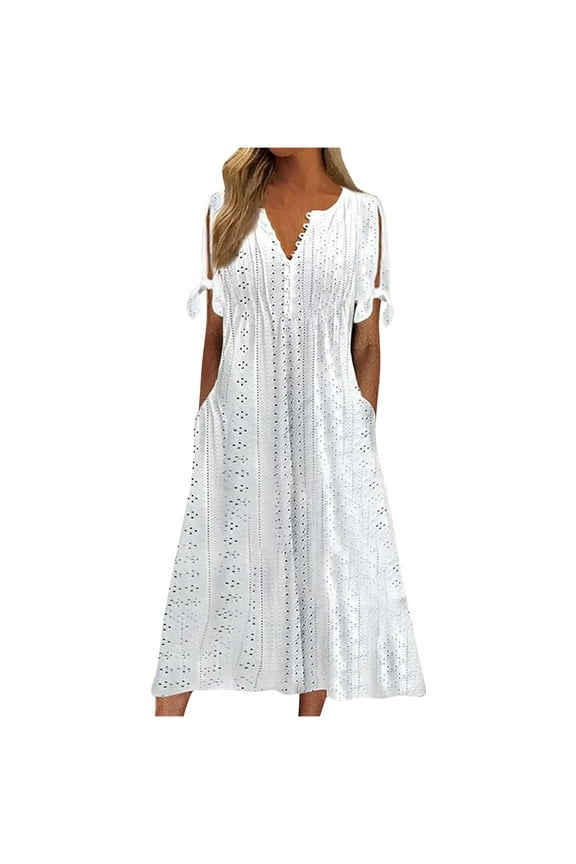 TOOPOOT Sun Dresses for Women 2025 Vacation Plus Size Maxi Dresses Casual Boho Short Sleeve Eyelet Dress Petite Button V-Neck Dress Flowy Work Dresses