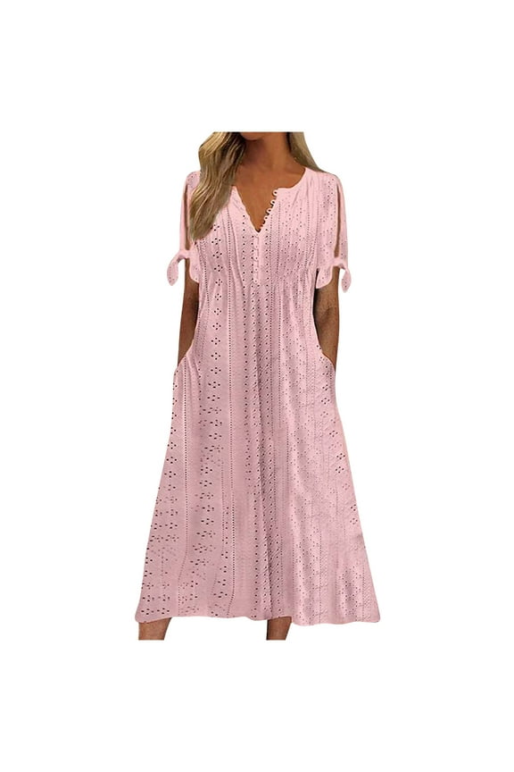 TOOPOOT Vacation Dresses for Women 2025 Plus Size Long Dresses Casual Boho Short Sleeve Eyelet Dress Party Button V-Neck Sundress Formal Cruise Dresses