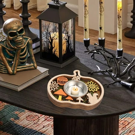 TOOPTY Fall Table Decor, Wooden Tealight Candle Holder for Halloween Thanksgiving Party, Cute Pumpkin Ghost Candlestick Centerpiece
