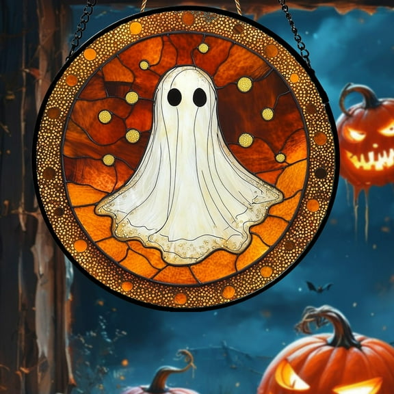 TOOPTY Stained Glass Ghost Suncatcher Window Hanging, Halloween Decorations for Doors Garden and Indoor Spaces, Spooky Funny Orange Gothic Decor