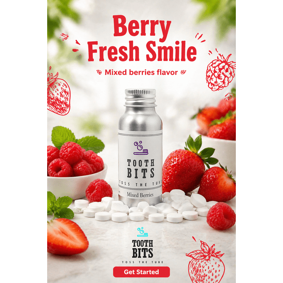 TOOTH BITS Fluoride-Free Eco-Friendly Toothpaste Tablets, Mixed Berries, 65 Pieces