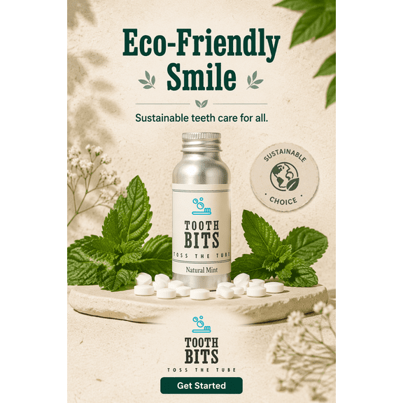 TOOTH BITS Dental Paste Tablets, Fluoride-Free, Prebiotic, Xylitol, Natural Mint, 65 Pieces