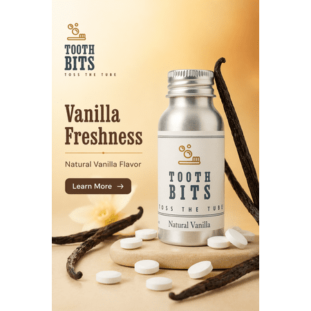 TOOTH BITS Fluoride-Free Toothpaste Tablets, Non-Toxic, Natural Vanilla Flavor, 65 Pieces