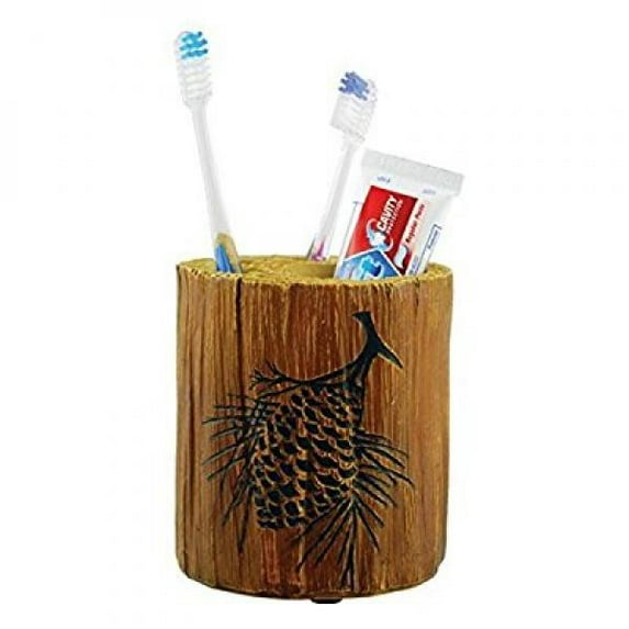 TOOTHBRUSH HOLDER WOOD LOG WITH PINE CONE
