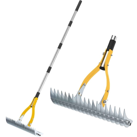 TOOVEM Thatch Rake with Heavy Duty Steel Tines & Ergonomic Handle, Professional Dethatching Rake for Lawn, Garden & Yard