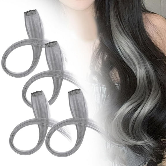 TOOYFUL 4 Pieces Hanging Ear Dyed Clip in Hair Extensions Seamless for Women Long Straight Hair Single Color for party Gray