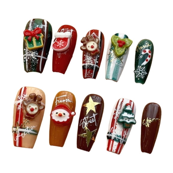 TOOYFUL Christmas False Nails Cute Full Cover Reusable Winter Xmas Glue on Nails Festival Holiday Nails Creative Long for Women Girls M