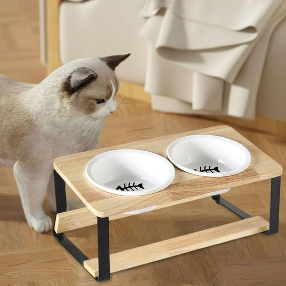 TOOYFUL Elevated Cat Bowls Raised Cat Feeder Raised Feeding Station Puppy Dish with Bamboo Stand Tilted for Puppy Small Dogs and Cats fishes bone
