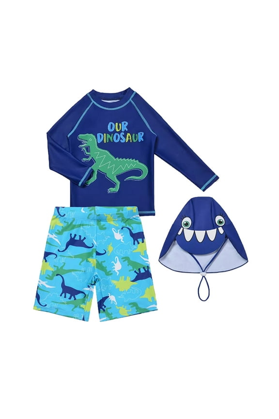 3 Pack Boys Rash Guard 3Pcs Swimwear Upf50+ Swimsuit Toddler Long Sleeve Cartoon Dinosaur Print Sun Protection Swimwear Sets Bathing Suit With Hat Boys Uv Protection Swimwear For Pool Party