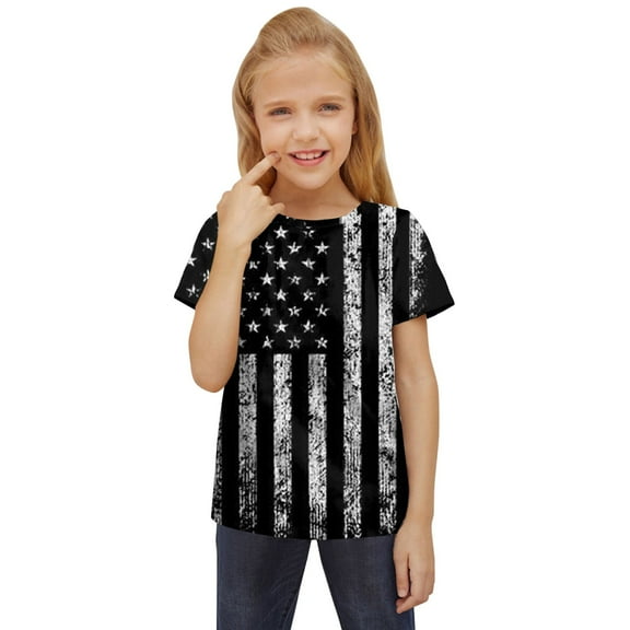 TOOYOU 4th Of July Girls T Shirts Independence Day Graphic Printed Tees Novelty Short Sleeve T-Shirts Unisex Casual Tops Classic Summer Patriotic Tops For Girls Size 5-6 Years Black