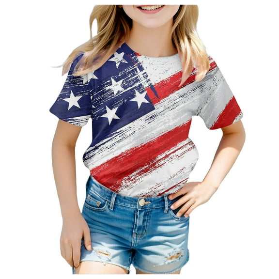 TOOYOU 4th Of July Girls T Shirts Short Sleeve Tee American Flag Print Crewneck T-Shirt Casual Fit Basic Top Classic Summer Patriotic Tops For Girls Size 6-7 Years White