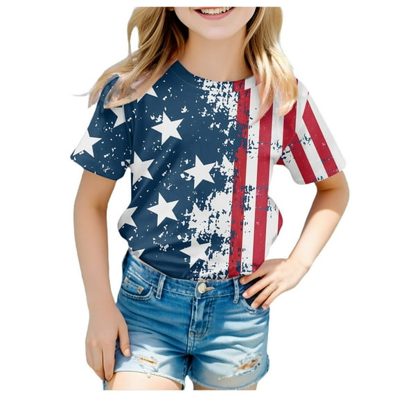 TOOYOU 4th Of July Girls T Shirts Short Sleeve Tee American Flag Print Crewneck T-Shirt Casual Fit Basic Top Classic Summer Patriotic Tops For Girls Size 6-7 Years Navy