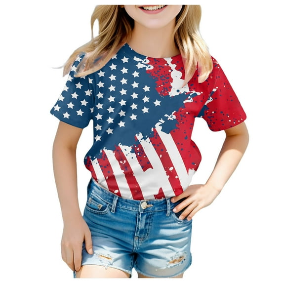 TOOYOU 4th Of July Girls T Shirts Short Sleeve Tee American Flag Print Crewneck T-Shirt Casual Fit Basic Top Girl'S Summer Versatile Patriotic Top Size 12-13 Years Red