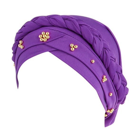 TOOYOU African Women Turban Cap Twisted Beaded Braid Head Wraps Pre-Tied Chemo Headscarf For Cancer Hair Cover Hats Purple