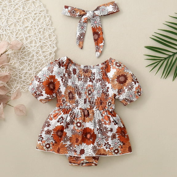 TOOYOU Baby Girl Bodysuits Cheap Toddler Girl Onesies Bow Headscarf Hypoallergenic Onesies Romper Brown Size 12-18 Months