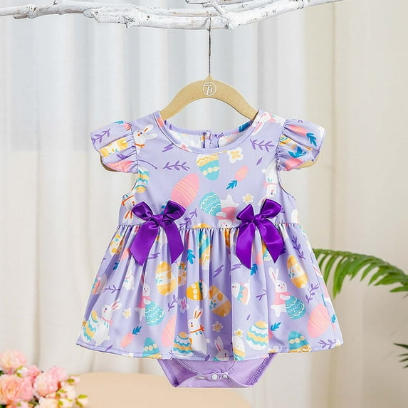 TOOYOU Baby Girl Bodysuits Cheap Toddler Girl Onesies New Spring Summer Easter Print Bowknots Flying Sleeves Princess Dress Breathable Rompers Size 9-12 Months