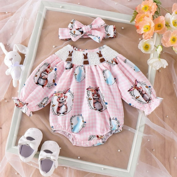 TOOYOU Baby Girl Bodysuits Cheap Toddler Girl Onesies Ruffles Cute Bunny Pattern Print Jumpsuit Breathable Rompers Pink Size 6-12 Months