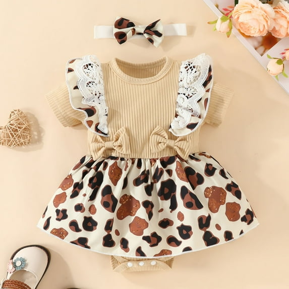 TOOYOU Baby Girl Bodysuits Cheap Toddler Girl Onesies Ruffled Ribbed Short Sleeve Floral Prints Ribbed Dress Headbands Set Cozy Baby Girl Romper White Size 6-9 Months
