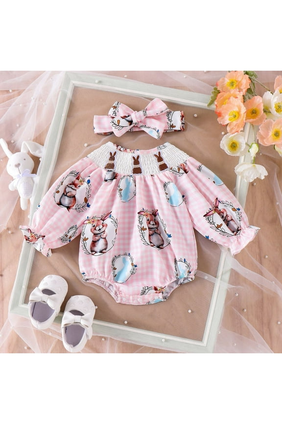 Baby Girl Bodysuits Cheap Toddler Girl Onesies Ruffles Cute Bunny Pattern Print Jumpsuit Breathable Rompers Pink Size 3-6 Months