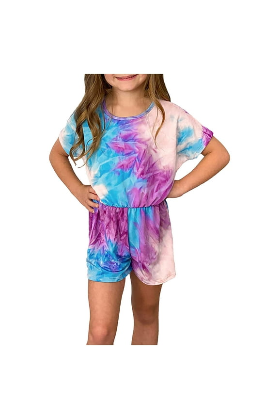 Baby Girls Romper&Jumpsuit Sleeve Short Child Printed Tie-Dyed Rainbow Kids Jumpsuit Cute Onesie Bodysuits Playsuit For Kids Size 8-9 Years