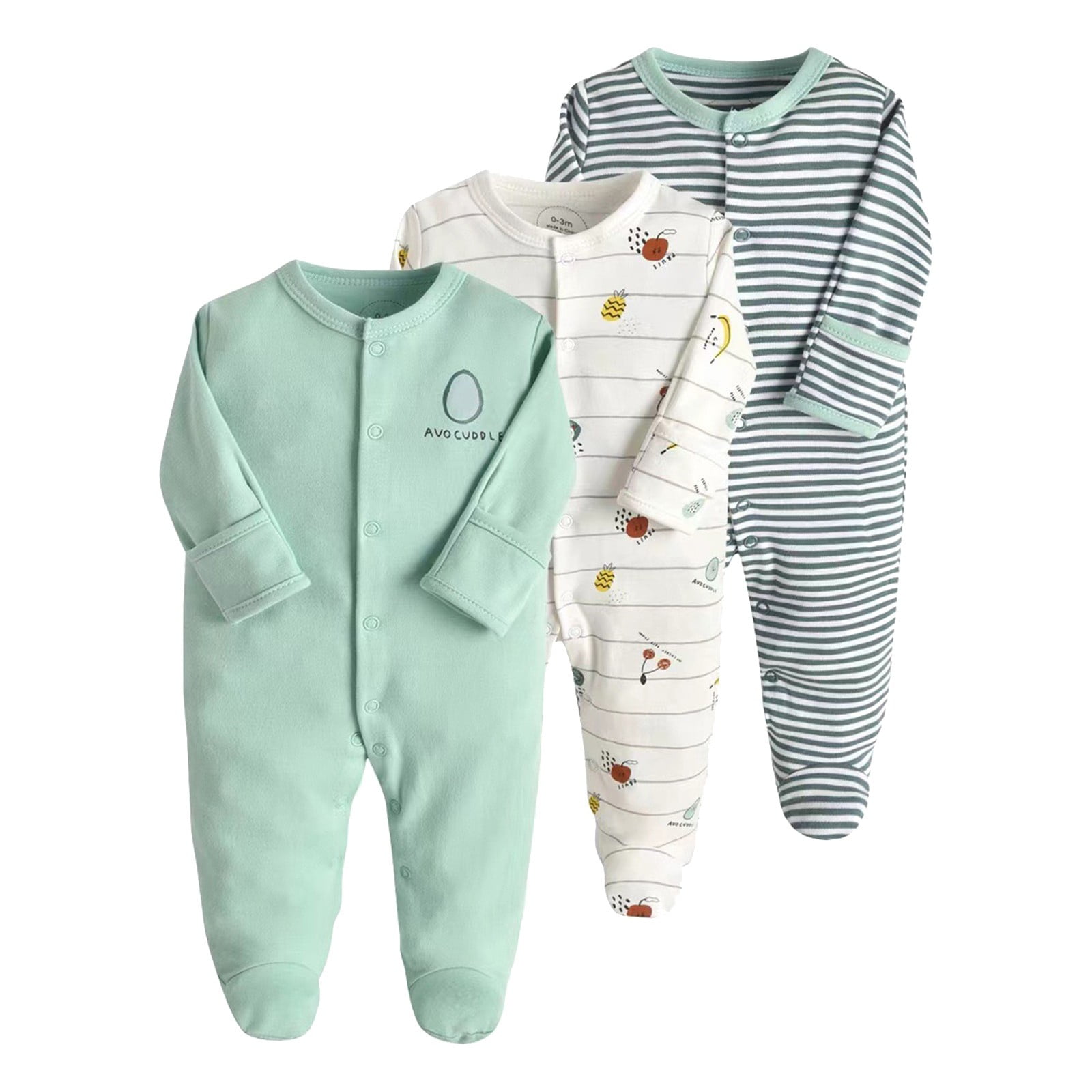 TOOYOU Boys Bodysuit Outfit 3-Pack Spring And Autumn New Baby Boy Girls Onesies Long Sleeved Solid Color Printed Footed Jumpsuit Pajamas Suit Breathable Romper Size 6-9 Months Green