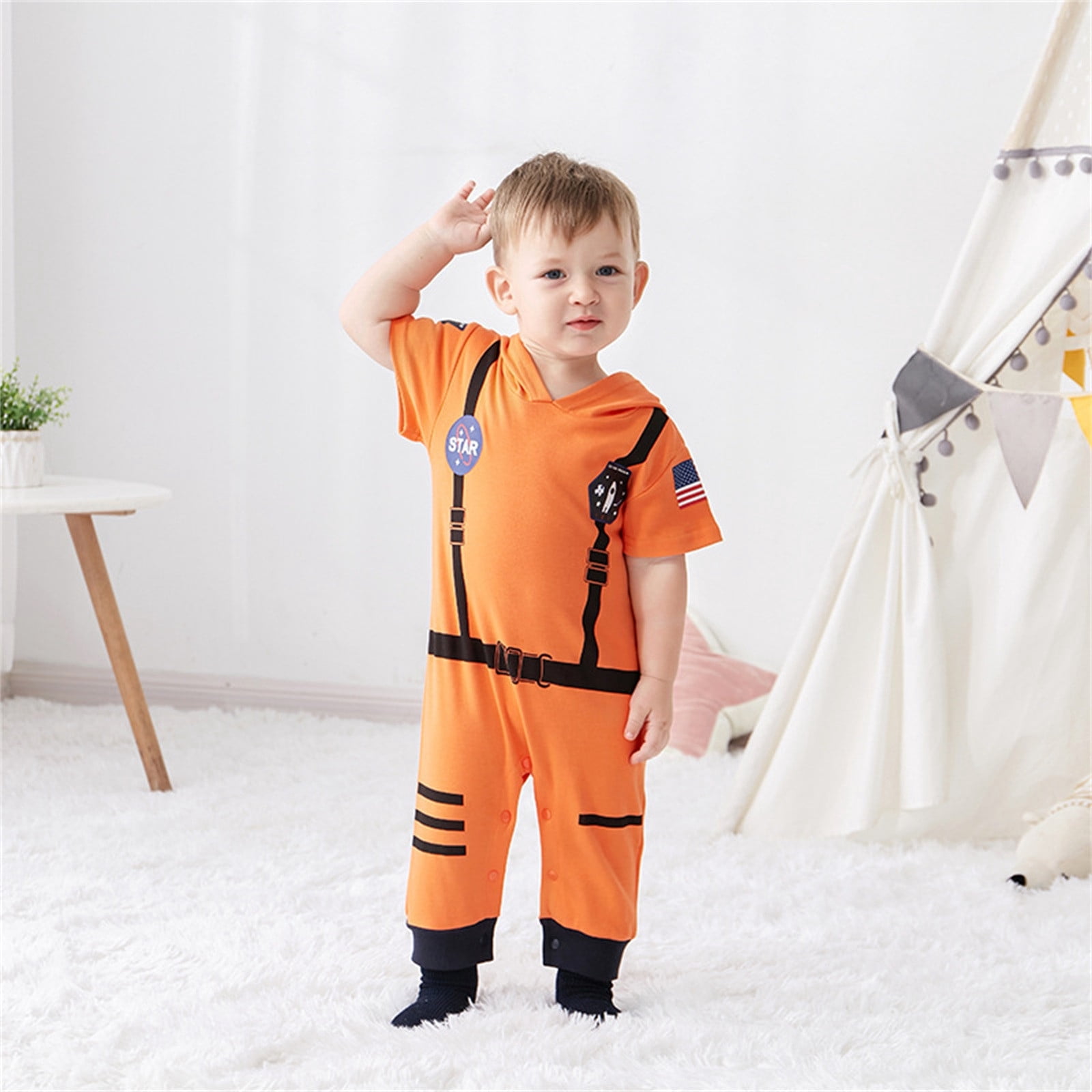 TOOYOU Boys Girls Romper Cute Astronaut Jumpsuit Short Sleeve Pullover Bodysuits Toddler Kids Soft And Comfortable Onesie Orange Size 3-6 Months