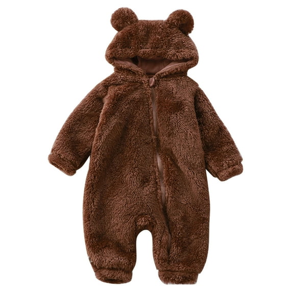 TOOYOU Boys Girls Romper Jumpsuit Cute Solid Color Long Sleeves Cartoon Bear Ears Footed Hooded Zipper Warm Footie Sleeper Pajamas Outfits Toddler Kids Warm Winter Onesie Size 12-18 Months