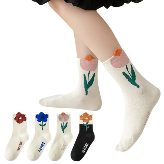 TOOYOU Boys Girls Socks Sport Novelty Funny Crew Socks Children Toddler Solid Color Flower Pattern Socks 4 Pairs Funny Gifts For Kids Size 6-8 Years