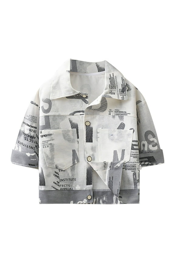 Boys Jacket Kids Letter Print Denim Jacket Classic Coats Jeans Tops Children Casual Teen Outfit For Daily Wear Size 11 Y-12 Y Grey