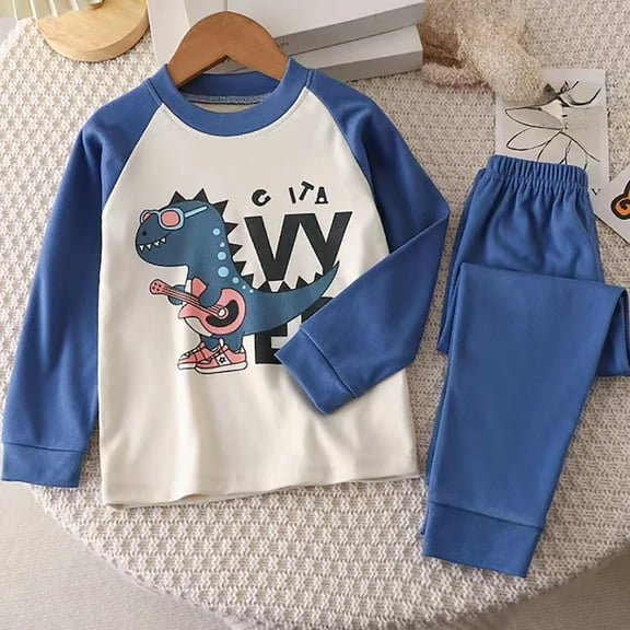 TOOYOU Boys Pajamas 2 Piece Set Long Sleeved Round Neck Cute Cartoon Print With Color Blocking Sleepwear Outfits Toddler Cotton Pj Set Blue Size 5-6 Years