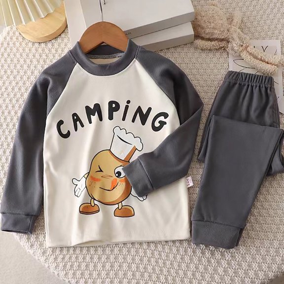 TOOYOU Boys Pajamas 2 Piece Set Long Sleeved Round Neck Cute Cartoon Print With Color Blocking Sleepwear Outfits Toddler Pj'S For Daily Gray Size 6-7 Years