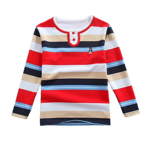 TOOYOU Boys Polo Shirt Children'S Long Sleeve Tee With Stand-Up Collar Fashion Colored Striped Round Neck Top Red