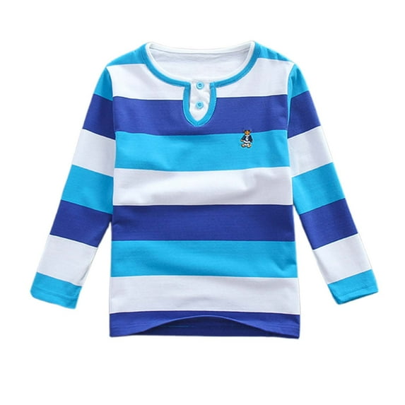 TOOYOU Boys Polo Shirt Children'S Long Sleeve Tee With Stand-Up Collar Fashion Colored Striped Round Neck Top Sky Blue