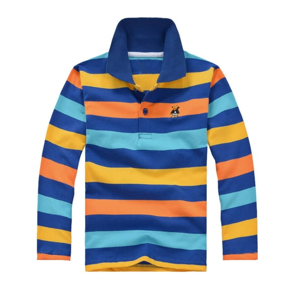 TOOYOU Boys Polo Shirt Kids Long Sleeve Fashion Casual Striped Shirt Button Closure Fashion Comfortable & Soft Top Size 5-6 Years Blue