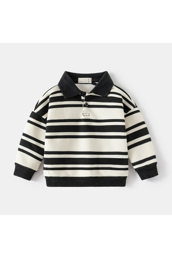 Boys Polo Shirt Spring Children Hoodie New Long Sleeve Lapel Striped Hoodie Baby Style Top Size 4-5 Years Black