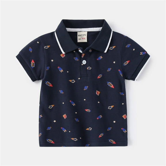 TOOYOU Boys Polo Shirt Summer Kids Toddler Baby Shirt Solid Short Sleeve Cute Cartoon Print T Shirt Blouse Tops Outfits Size 2-3 Years Navy