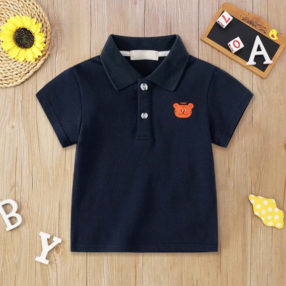 TOOYOU Boys Polo Shirt Summer Lapel Print Children'S Short Sleeved Casual Outdoor Cartoon Animal T Shirt Size 4-5 Years Navy